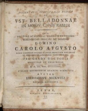 Dissertatio Inavgvralis Medica De Vsv Belladonnae In Morsv Canis Rabidi