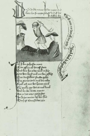 Monatsbild März, hackender Bauer : Monatsbild März, hackender Mann, Handschrift, um 1460