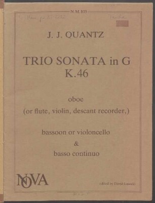 Trio sonata in G, K. 46 : oboe (or flute, violin, descant recorder), bassoon or violoncello & basso continuo