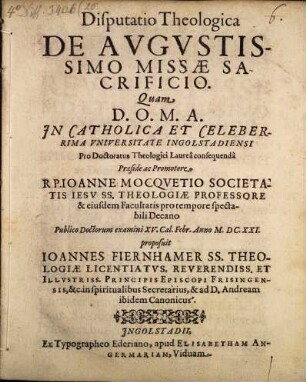 Disputatio Theologica De Avgustissimo Missae Sacrificio