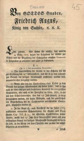 Von Gottes Gnaden Friedrich August, König von Sachsen, etc. etc. etc.