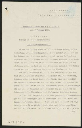 Umbau eines Landhauses Monatskonkurrenz Februar 1933: Erläuterungsbericht, 3 S.