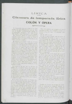 Lírica : Clausura de temporada lírica - Colón y Ópera