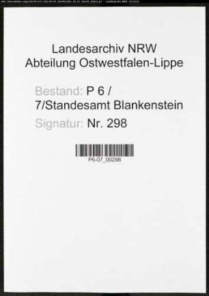 Sterberegister Standesamt Blankenstein/Ruhr
