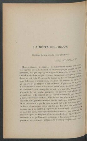 La nieta del Oidor : (Prólogo de una novela colonial limeña)