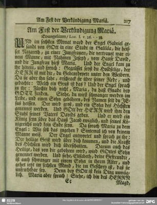 Am Fest der Verkündigung Mariä. Evangelium, Luc. I. v. 26 - 38