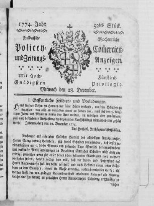 52tes Stück., Ausgabe vom 28. Dezember 1774