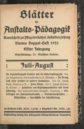 Juli-August: Viertes Doppelheft 1921