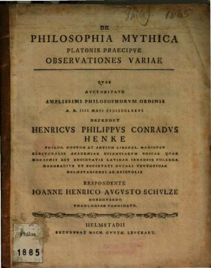De Philosophia Mythica Platonis Praecipue Observationes Variae