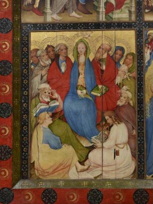 Wildunger Altar — Altar im geöffneten Zustand — Christus vor Pontius Pilatus, Dornenkrönung, Pfingstwunder und Jüngstes Gericht — Pfingsten