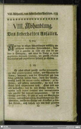 VIII. Abhandlung, Von fieberhaften Anfällen