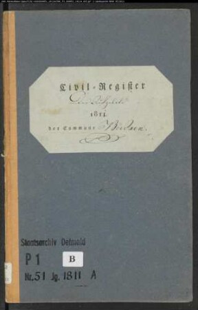 Zivilstandsregister der katholischen Gemeinde Bödexen, Kreis Höxter (A 1811) (Gemeinde: Katholische Gemeinde Bödexen, Kreis Höxter)