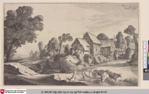 [Herde und Rind an einer Schwelle nahe einer Wassermühle; Herd and Cattle at a Ford near a Water-Mill]