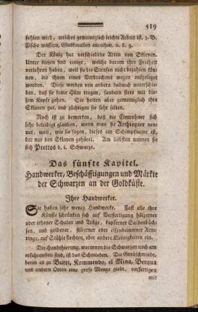 Das fünfte Kapitel. Handwerker, Beschäfftigungen und Märkte der Schwarzen an der Goldküste