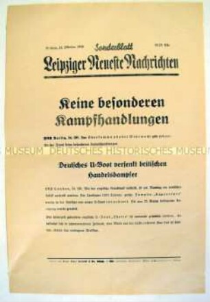 Sonderblatt der "Leipziger Neuesten Nachrichten" zur Versenkung eines britischen Handelsschiffes