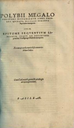 Polybiu Megapolitu Historiōn Biblia 5 = Polybii Megapolitani Historiarvum Libri Priores Qvinqve