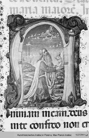 Missale Romanum : Buchseite mit Randbordüre, Text und historisierten Initialen A und E mit König David, der seine Seele Gottvater entgegenstreckt sowie Propheten