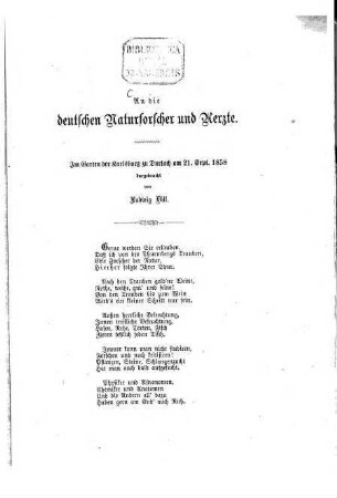 An die Deutschen Naturforscher und Aerzte : Im Garten der Karlsburg zu Durlach am 21. Sept. 1858 dargebracht von Ludwig Dill