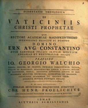 Dissertatio Theologica De Vaticiniis Christi Prophetae