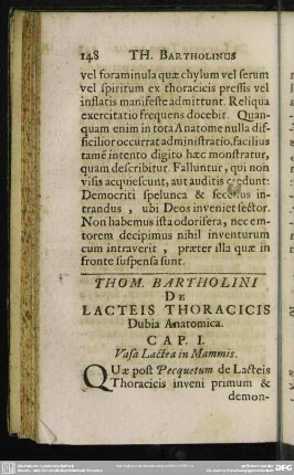 Thom. Bartholini De Lacteis Thoracicis Dubia Anatomica