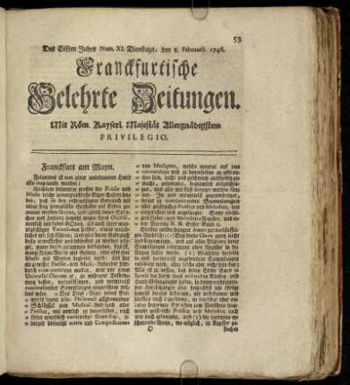 Num. XI. Dienstags, den 8. Februarii. 1746 - Num. XX. Freytags, den 11. Martii. 1746