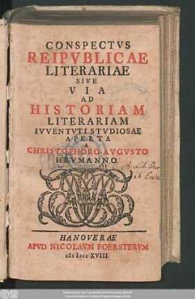 Conspectvs Reipvblicae Literariae Sive Via Ad Historiam Literariam Ivventvti Stvdiosae
