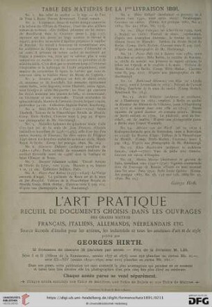 [Table des matières de la 1ère - XIIème livraison 1891]