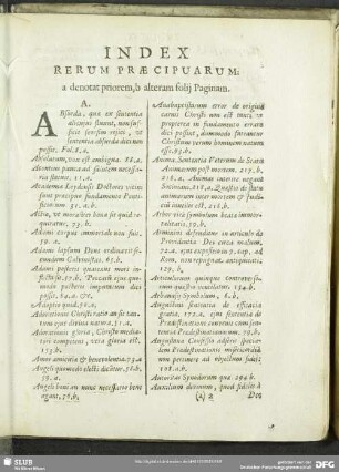 Index Rerum Praecipuarum: a denotat priorem,b alteram folij Paginam