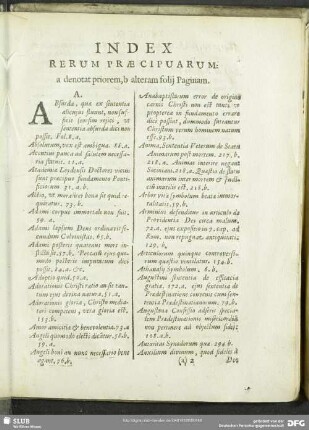 Index Rerum Praecipuarum: a denotat priorem,b alteram folij Paginam