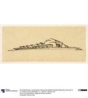 Luckenwalde, Neubau der Hutfabrik Friedrich Steinberg, Herrmann & Co. Skizze zu den Fabrikhallen - Perspektivansicht
