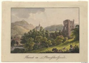 Ansicht von Tharand, Umrißradierung, um 1820 : Tharand im Plauenschen Grunde. - [S.l.] , [um 1820]. - 1 Kunstbl. : color. Umrißradierung ; 13 x 8 cm