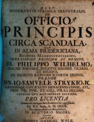 Dissertatio iuridica inauguralis de officio principis circa scandala