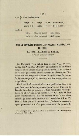 Sur le problème proposé au concours d'agrégation de 1868.