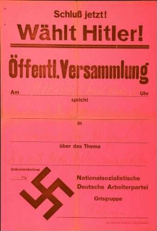 Versammlung der NSDAP-Ortsgruppe Achern: Wie will Adolf Hitler und helfen? (in Sasbachried)