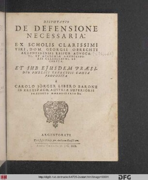 Disputatio De Defensione Necessaria