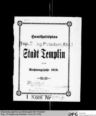 Haushaltsplan der Stadt Templin für das Rechnungsjahr 1919