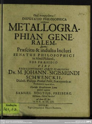 Disputatio philosophica exhibens metallographian generalem