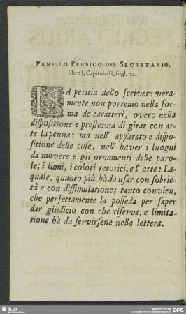 Pamfilo Persico Del Secretario libro I. Capitulo II. fogl. 21.