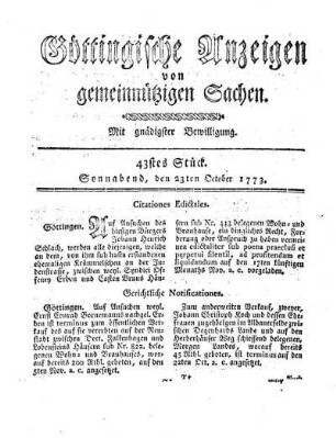 43stes Stück. Sonnabend, den 23ten October 1773.