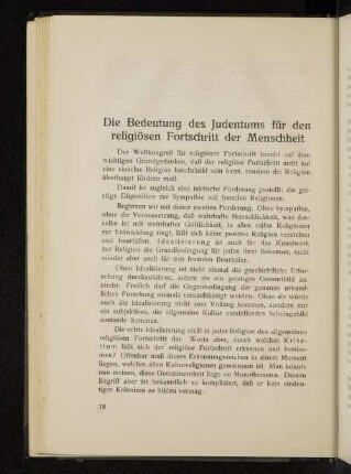 Die Bedeutung des Judentums für den religiösen Fortschritt der Menschheit