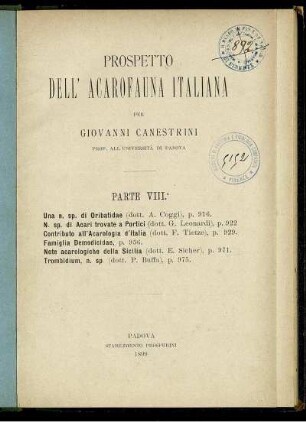 8: Una n. sp. di Oribatidae (dott. A. Coggi) ... N. sp. di Acari trovate a Portici ... Contributo all'Acarologia d'Italia ...