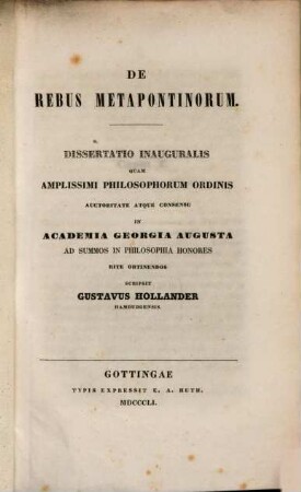 De rebus Metapontinorum : dissertatio inauguralis