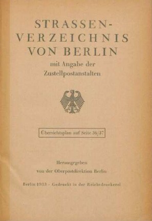 1933: Straßenverzeichnis von Berlin : mit Posthinweisen