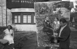 St. Moritz: Prinzenpaar wird gemalt (Hintergrund Haus), Maler und Staffelei; näher
