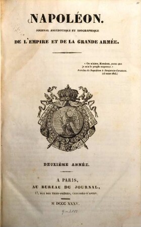 Napoléon : mémorial anecdotique et biographique de l'Empire et de la Grande Armée. 2. 1835