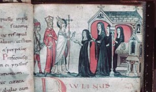 Vita Sancti Martini — Einkleidung der Tochter des Arborius als Nonne, Folio 38 recto