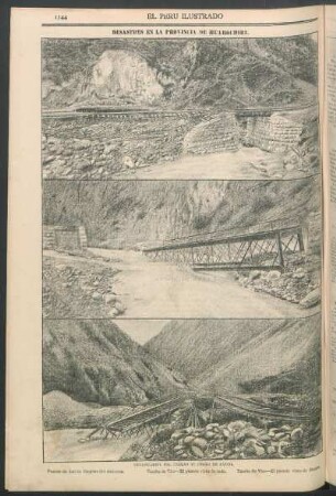 Desastres en la provincia de Huarochiri. [Vistas del] Ferrocarril del Callao al Cerro de Pasco. : [1.] Puente de Aruri después del siniestro. - [2.] Tambo de Viso. - El puente visto de lado. - [3.] Tambo de Viso. - El puente visto de frente.