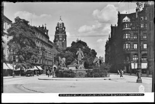 Dresden, Ringstraße mit Rathausturm und Bismarck-Denkmal