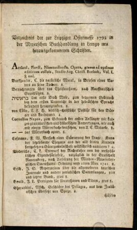 Verzeichnis der zur Leipziger Ostermesse 1792 in der Meyerschen Buchhandlung ...