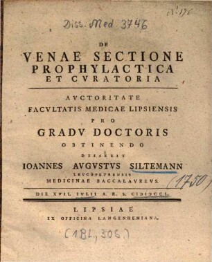 De Venae Sectione Prophylactica Et Cvratoria [Curatoria]